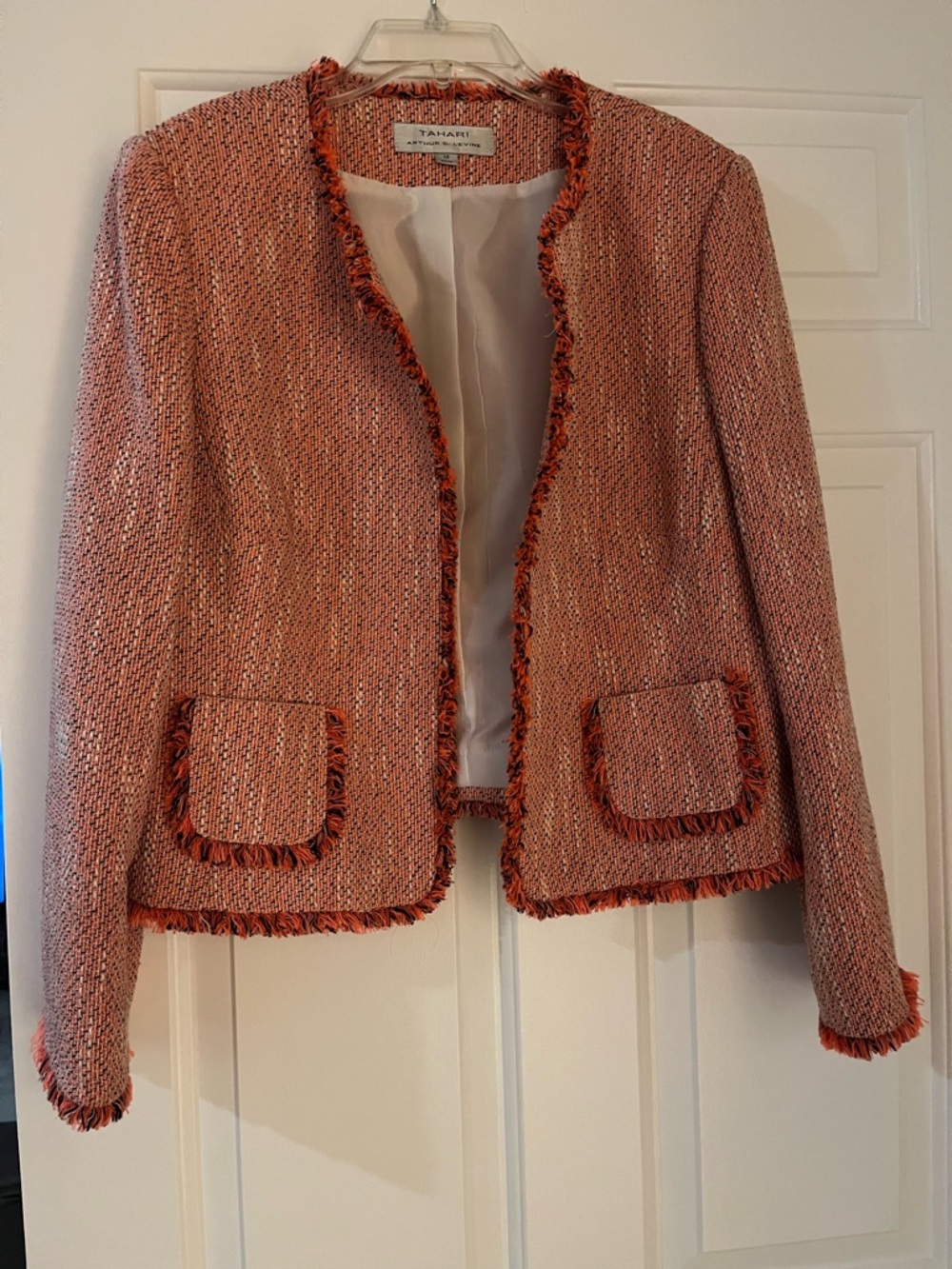 Tahari Coral-Pink Tweed Fringed Open Blazer Size 14
